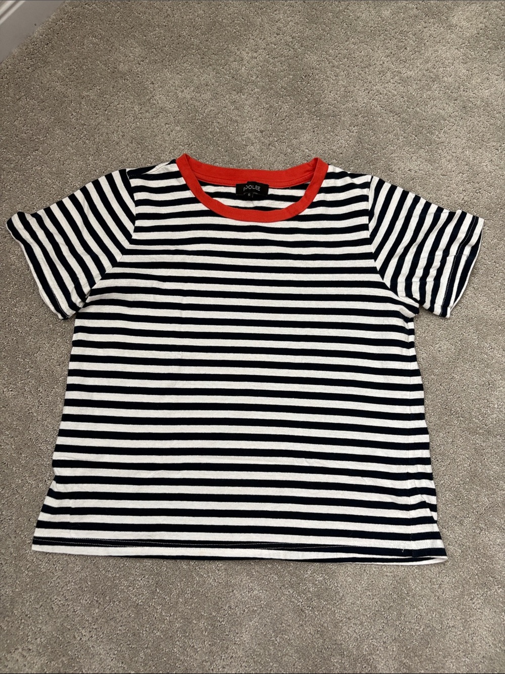 Roolee Navy and White Striped Crop Tee with Red Neckline